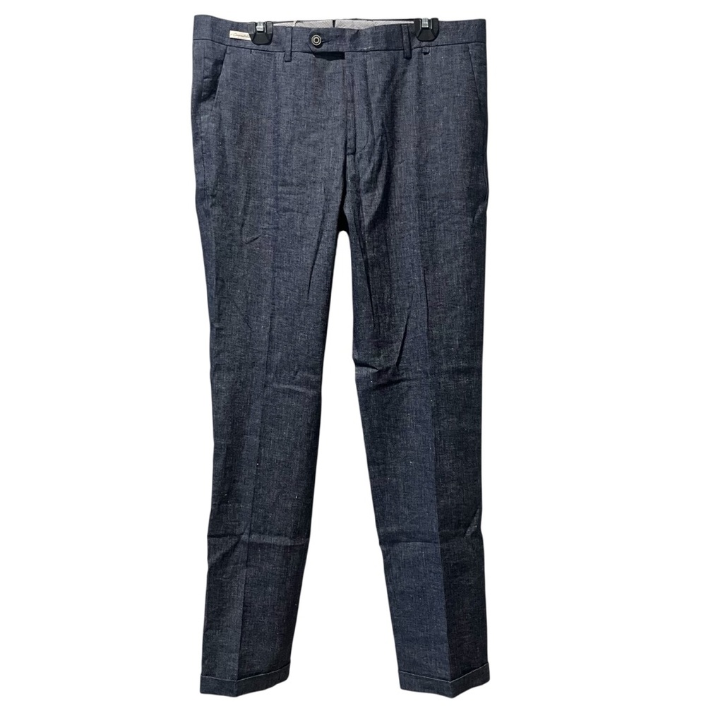 Paoloni pants Men’s Size 52 ( 37” ) Blue Tweed Dress Cuffed Cotton Polyester NEW